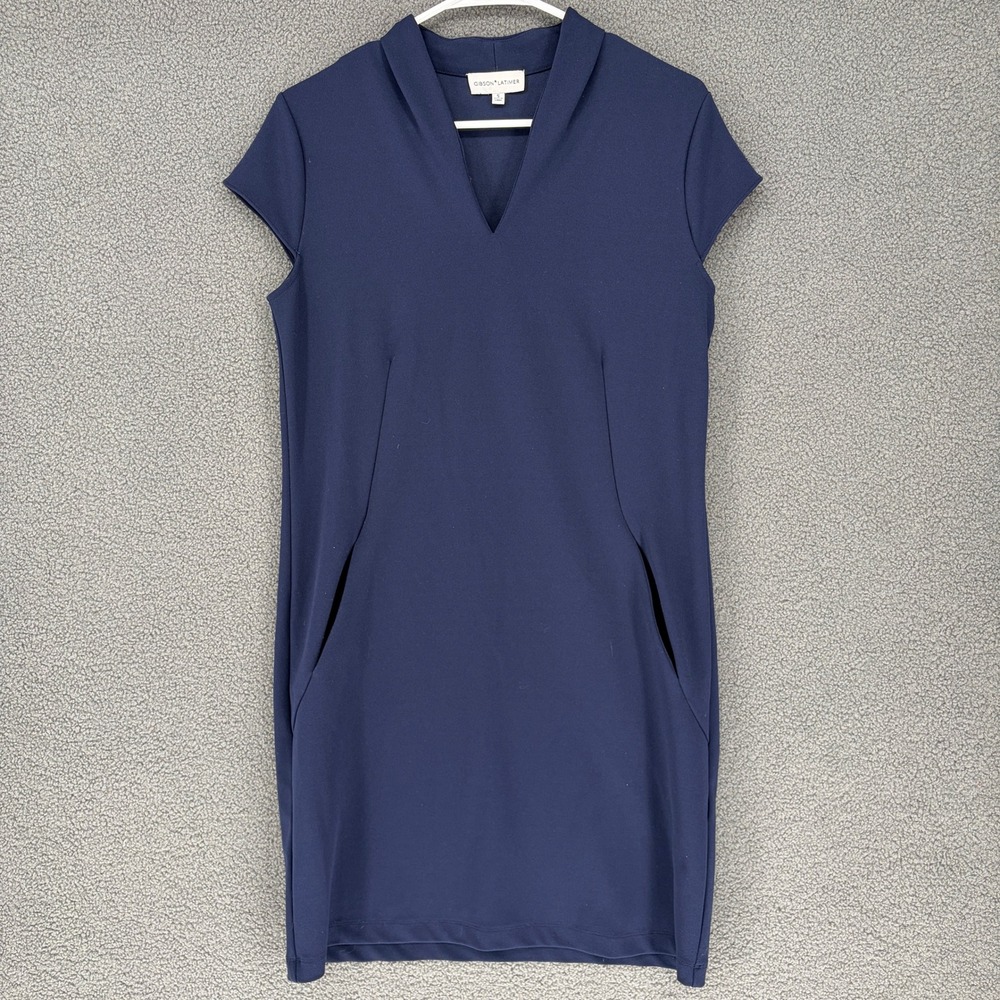 Gibson Latimer Navy Blue V-Neck Cap Sleeve Shift Dress with Pockets Size S - Picture 1 of 6